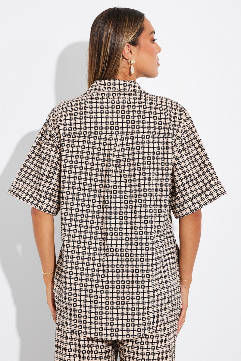 Brown Geo Shirt Short Sleeve Collared Neck