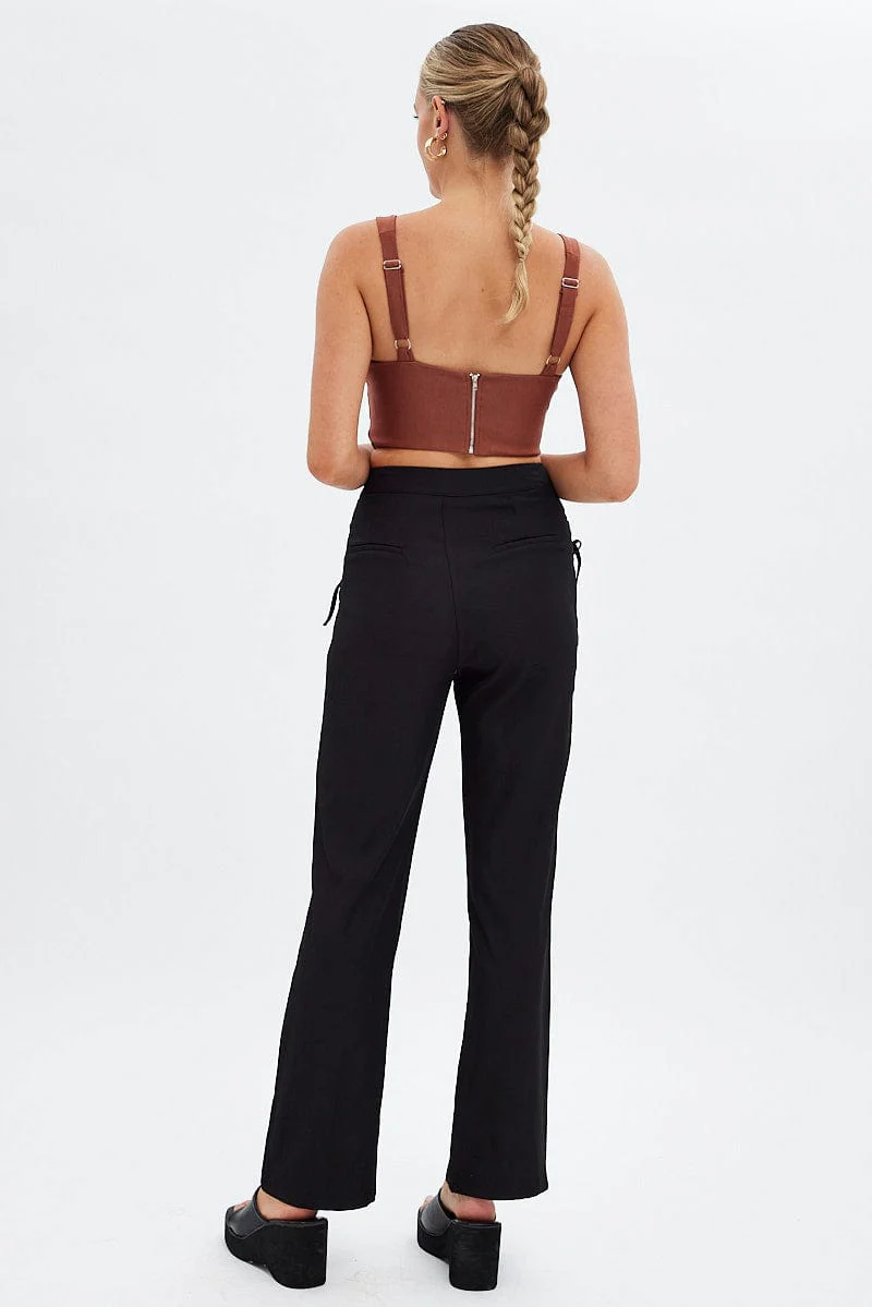 Black Straight Leg Pants High Rise Tailored Lace Up