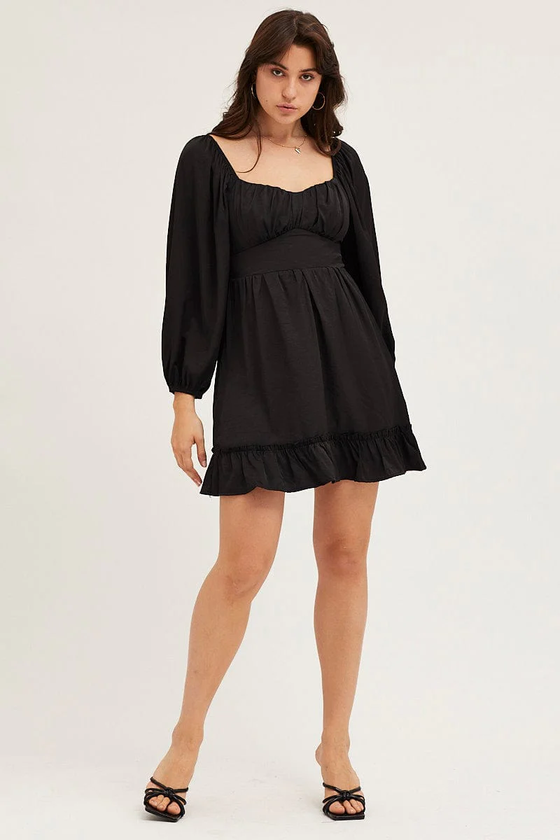 Black Long Sleeve A-Line Mini Dress