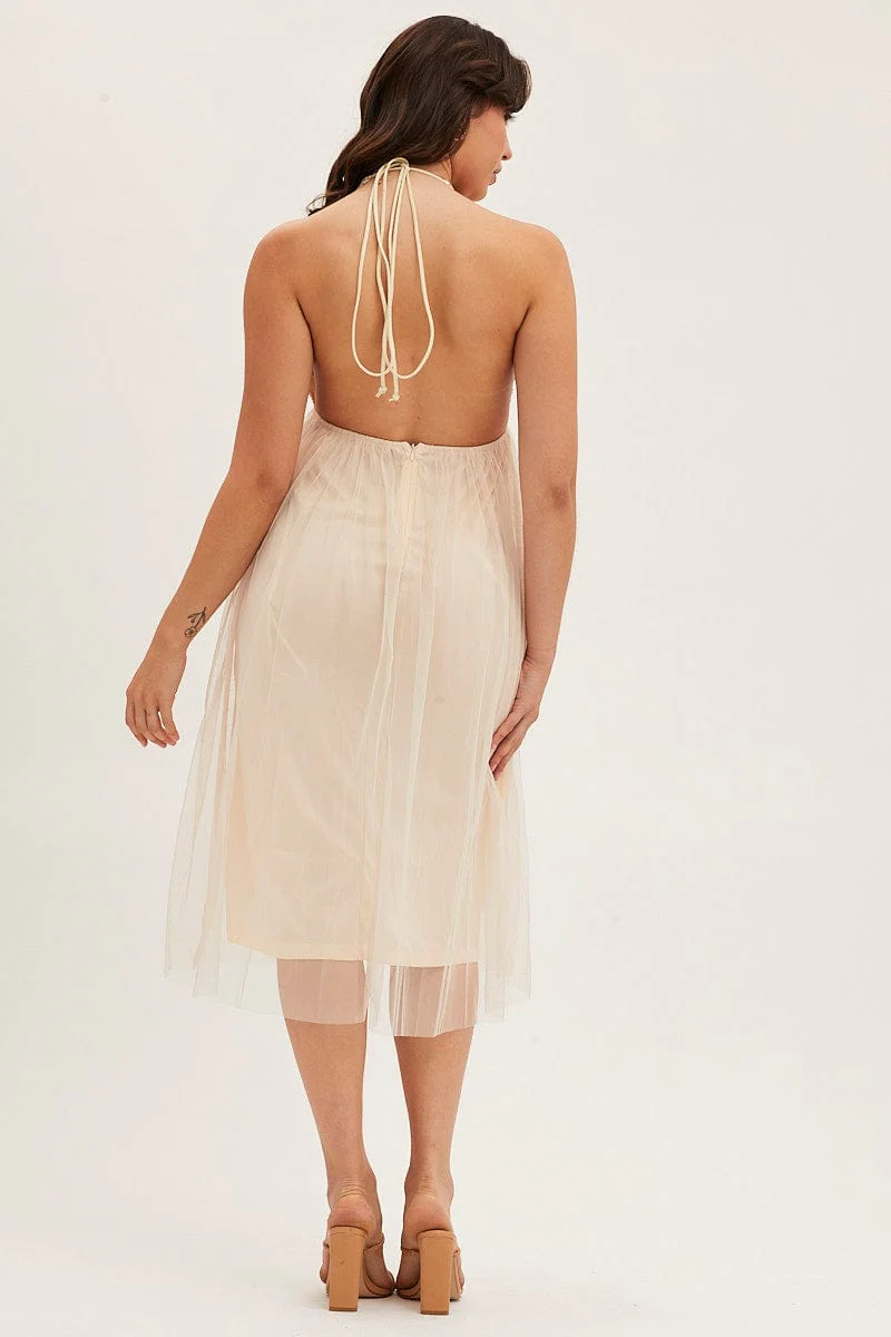 Beige Midi Dress Backless V Neck Lace