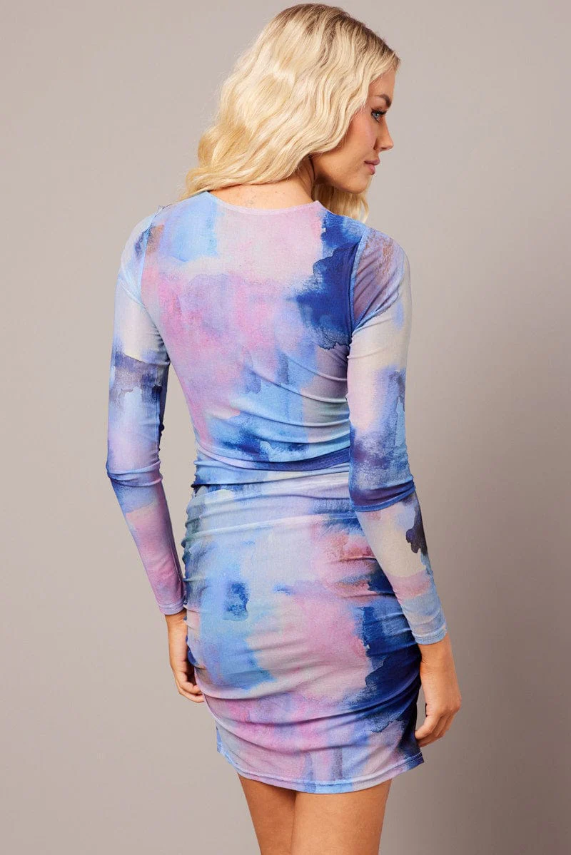 Multi Abstract Bodycon Dress Mini Mesh