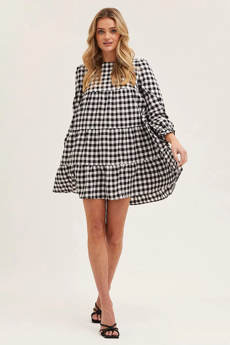 Check Mini Dress Long Sleeve Round Neck