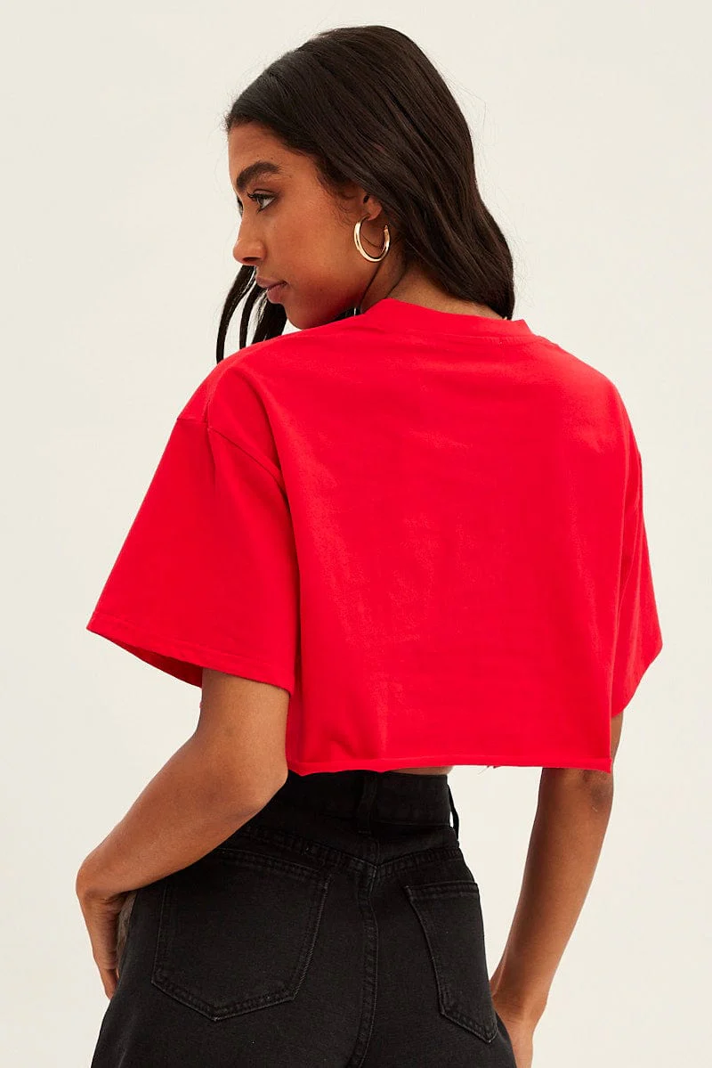 Red Los Angeles Crop Tee Short Sleeve Crew Neck