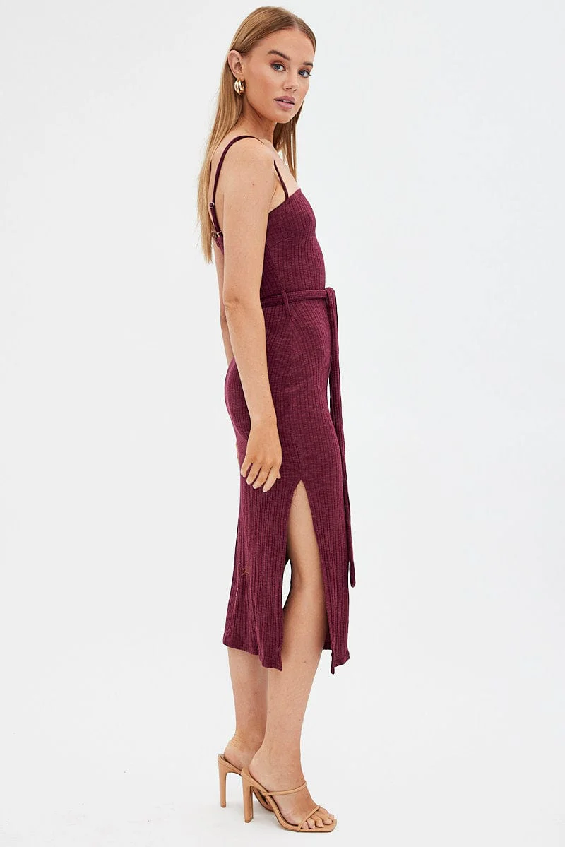Red Maxi Dress Bodycon Tie Belted Rib