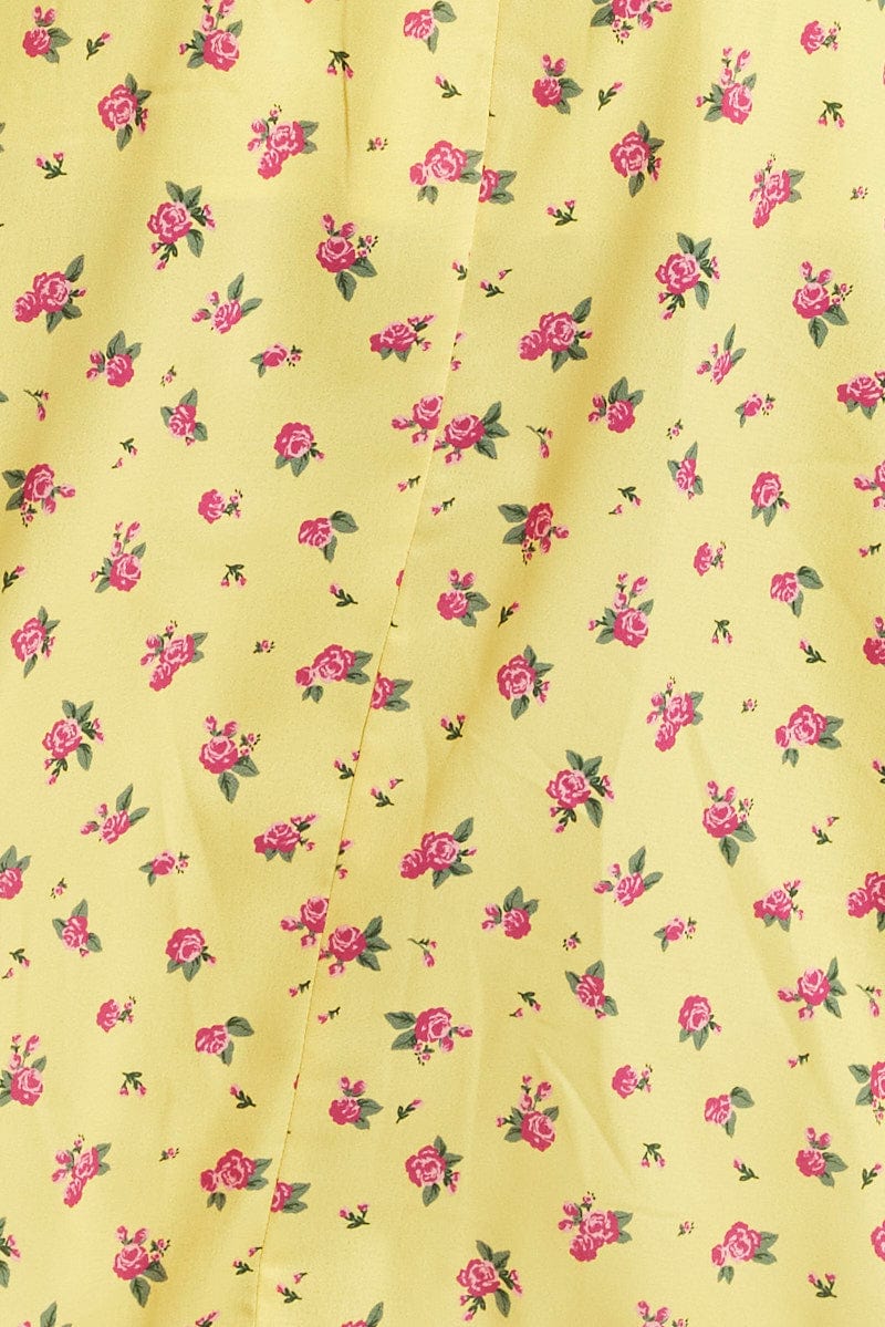 Yellow Floral Midi Dress Short Sleeve Ruched Bust