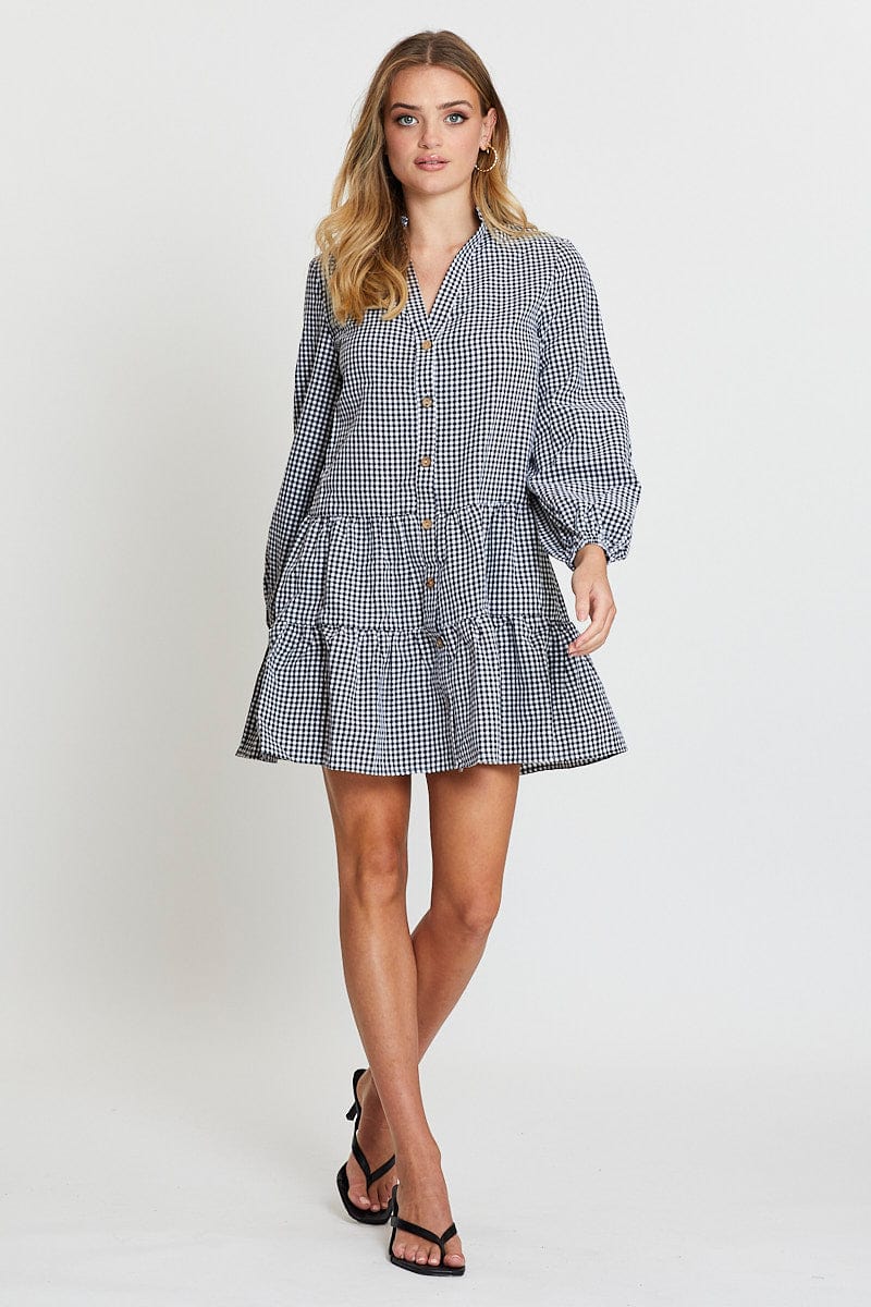 Check Shirt Dress Long Sleeve V Neck