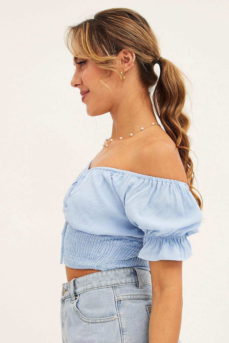 Blue Keyhole Top Short Sleeve Crop Sweetheart Neckline