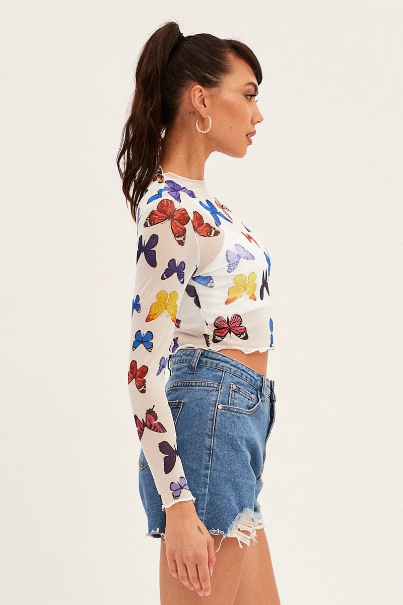 White Mesh Long Sleeve Crop Top