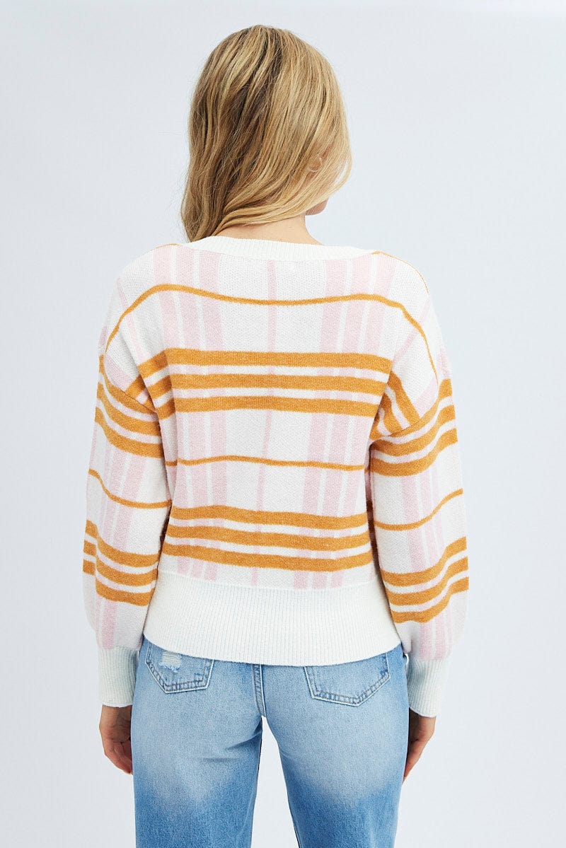 Check Knit Top Long Sleeve Round Neck