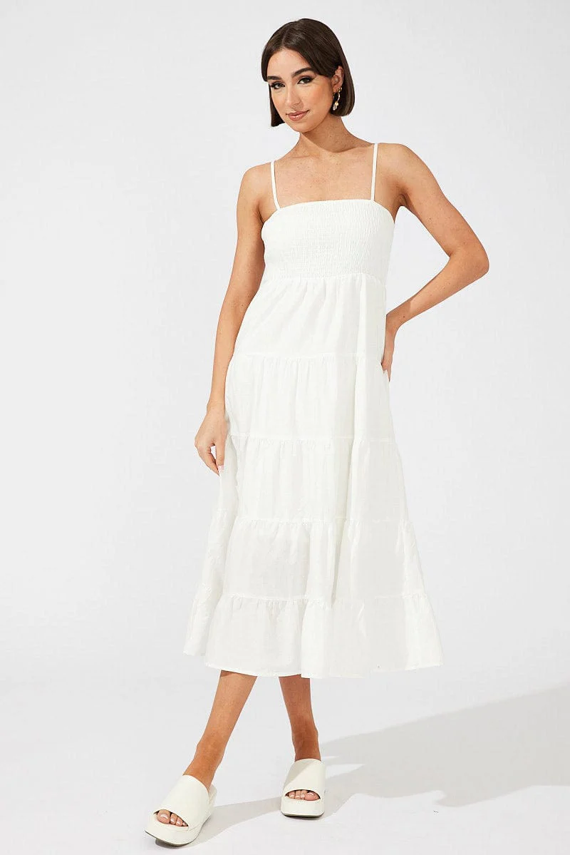 White Midi Dress Sleeveless Tiered