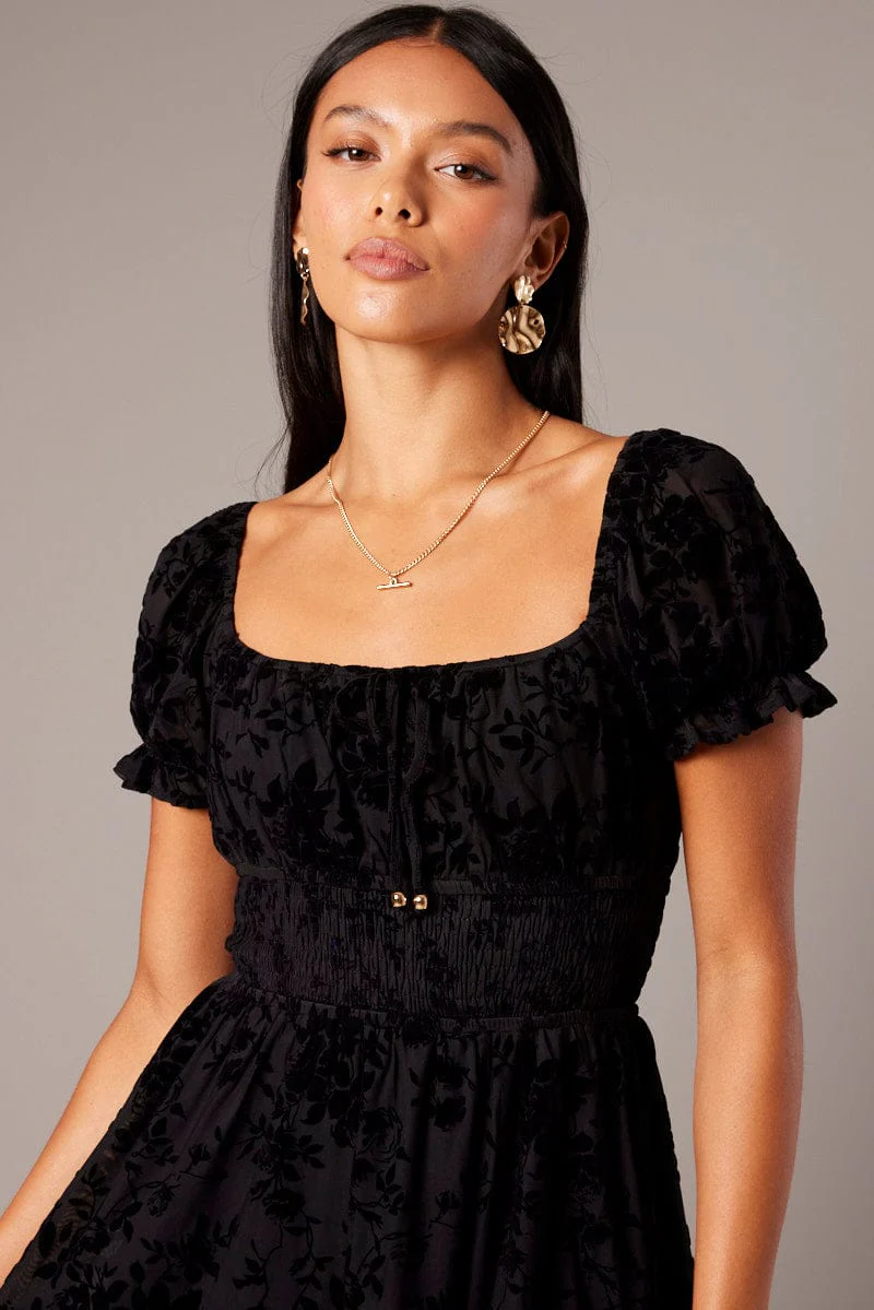 Black Fit And Flare Dress Puff Sleeve Mini Burn Out