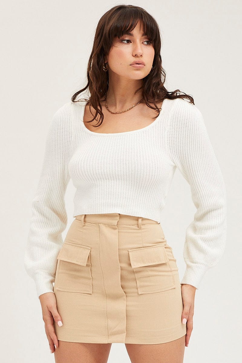 White Knit Top Long Sleeve Square Neck