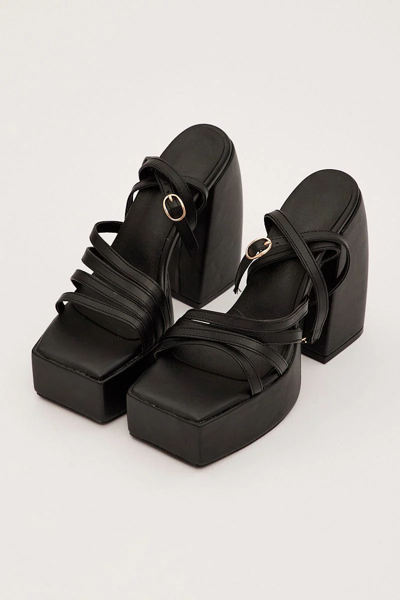 Black Strappy Platform Heeled Sandals