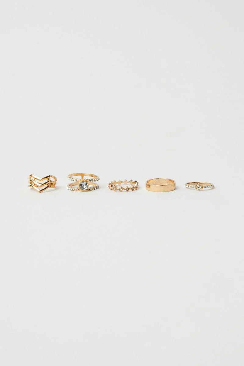 Gold 5 pack Rings with Rhinestones Detail