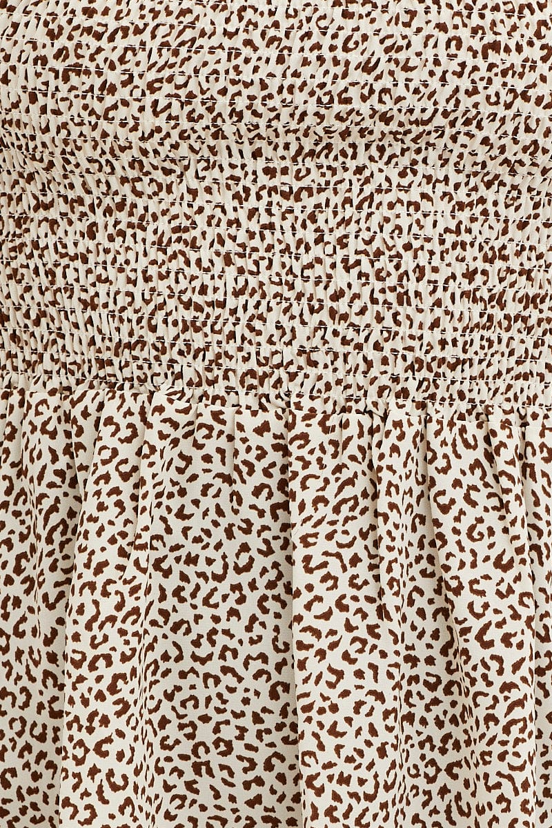 Geo Print Puff Sleeve Shirred Top