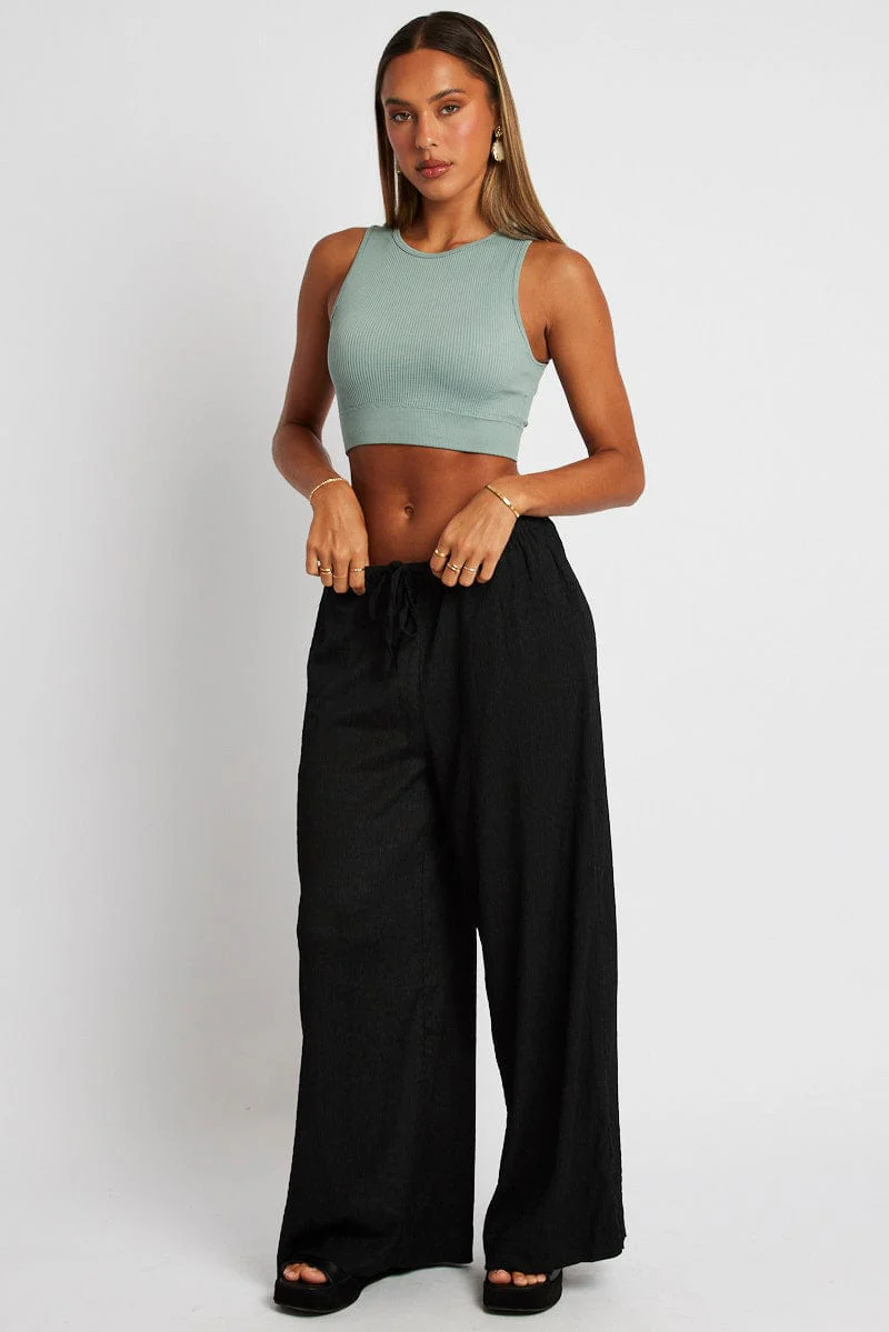 Black Wide Leg Pants High Rise Textured Fabric
