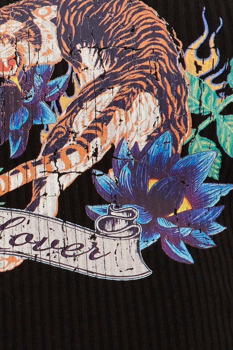 Black Tank Top Round Neck Digital Print