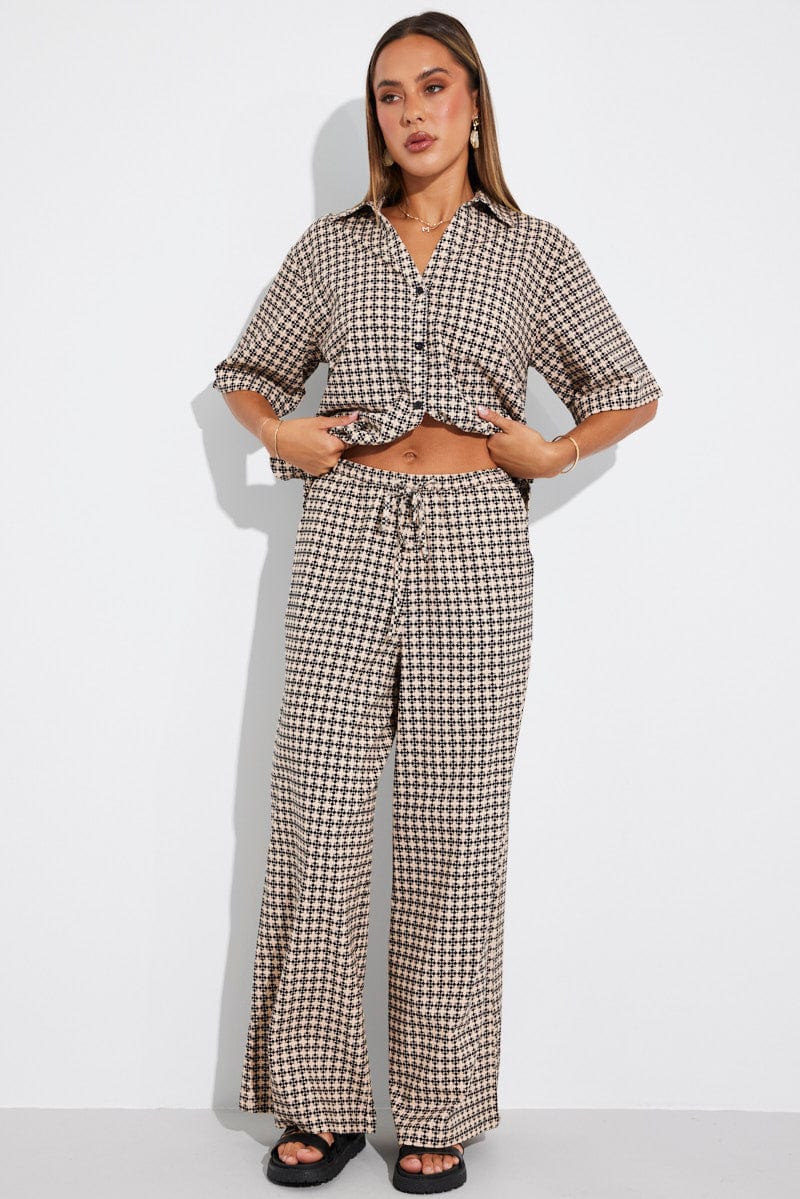 Brown Geo Wide Leg Pants Mid Rise