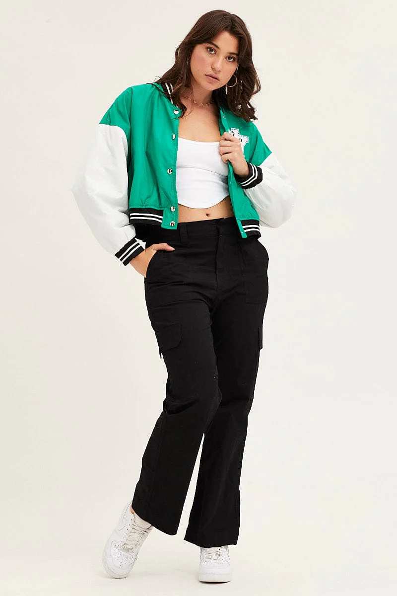 Green Cropped Varsity Bomber Jacket