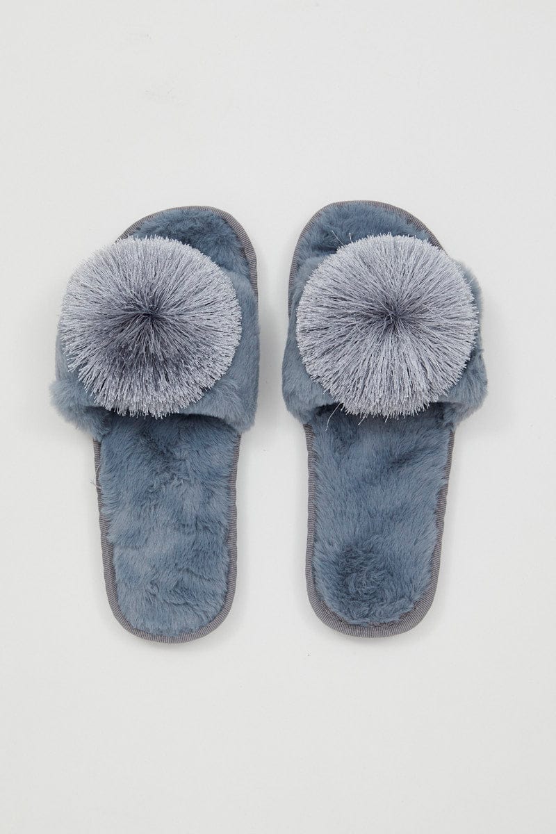 Blue Plush Pom Pom Detail Mule Slippers