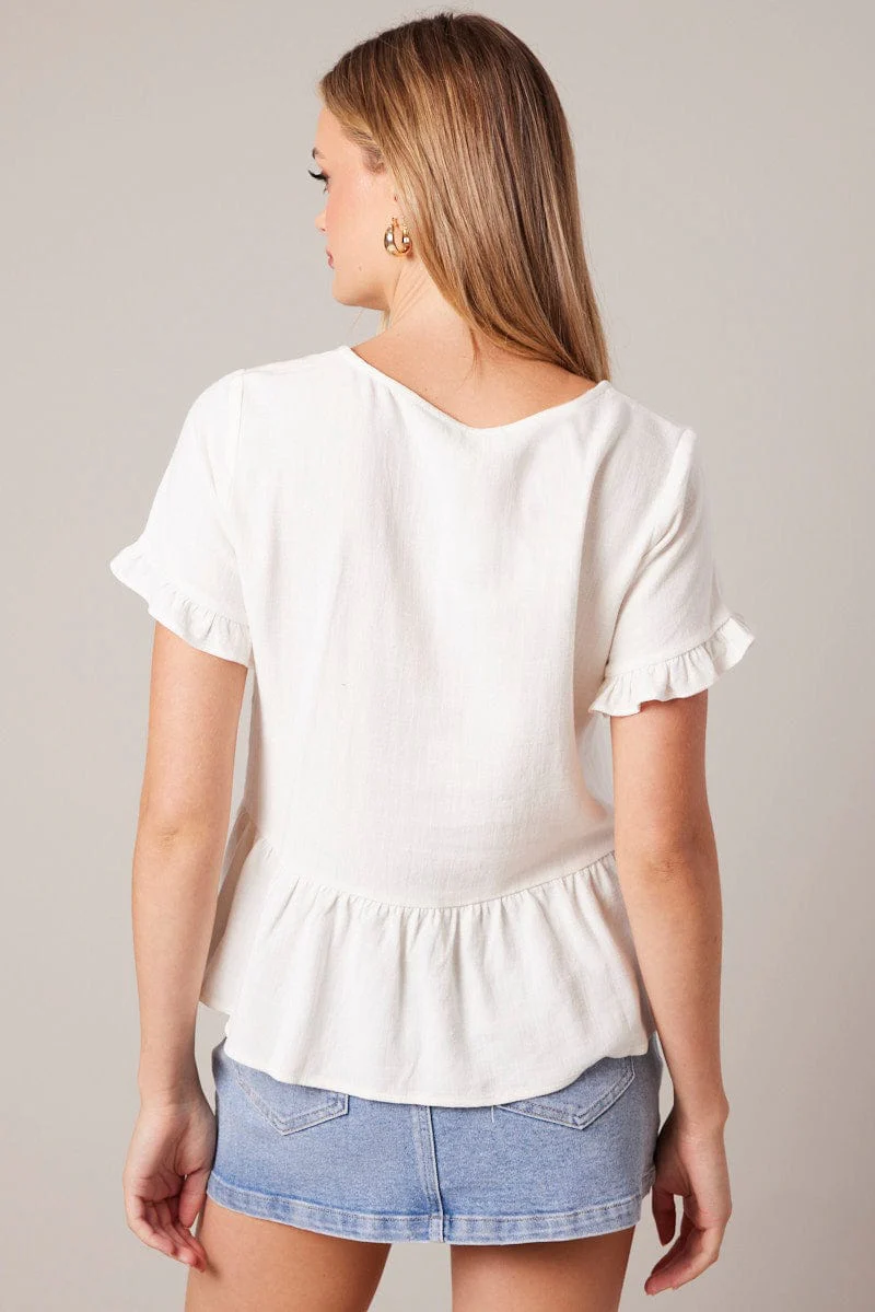 White Button Up Top V-Neck Frill Hem Top Linen