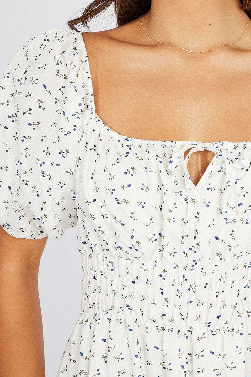 White Ditsy Midi Dress Puff Sleeve