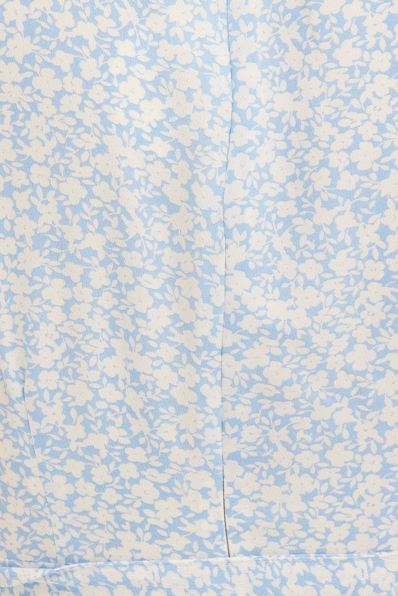 Blue Floral Skater Dress Short Sleeve V Neck Frill Hem Floral