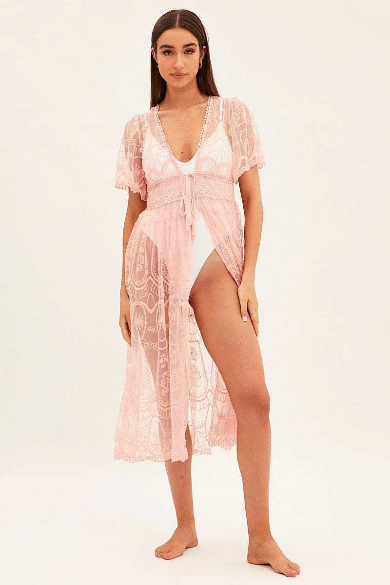 Pink Lace Kimono Short Sleeve Tie Front Longline