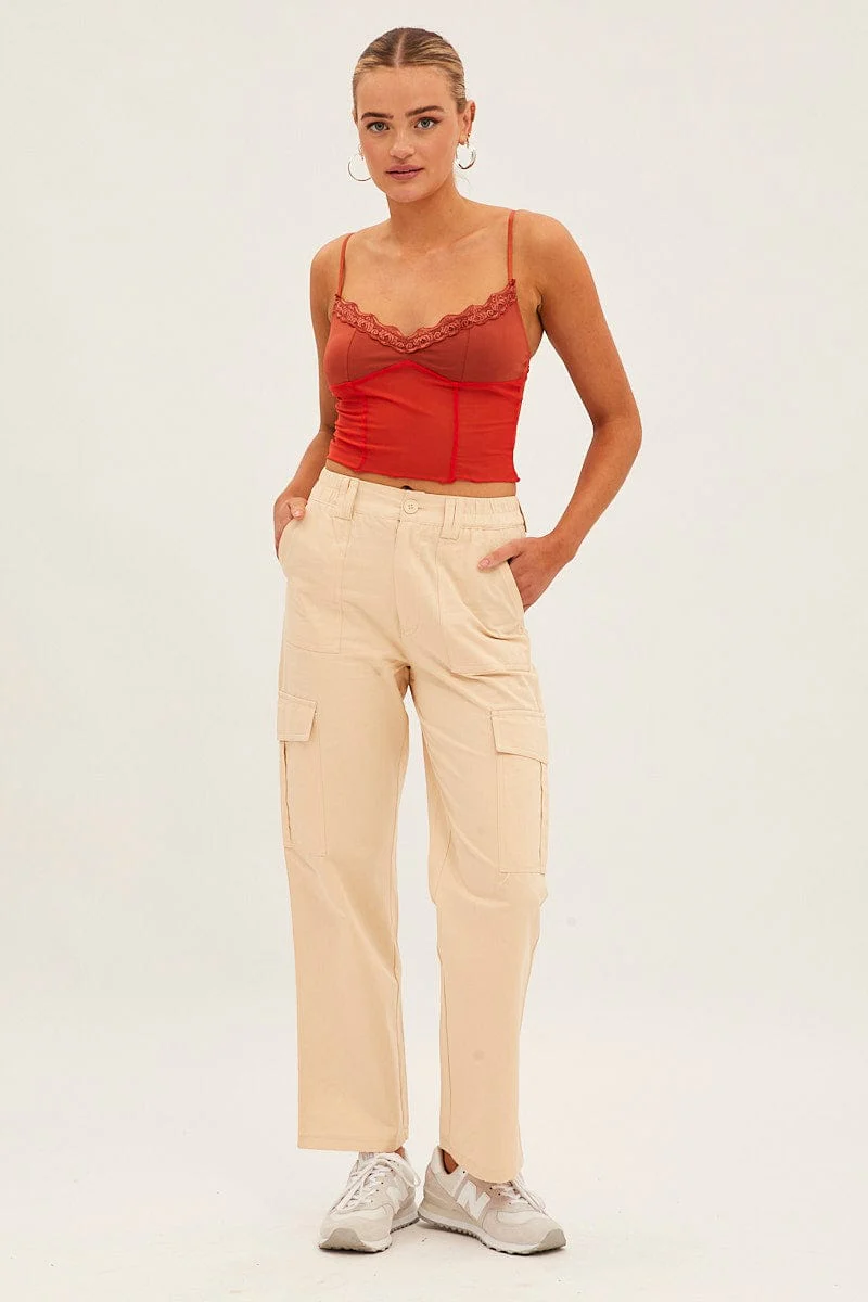 Beige High Rise Wide Leg Cargo Pants