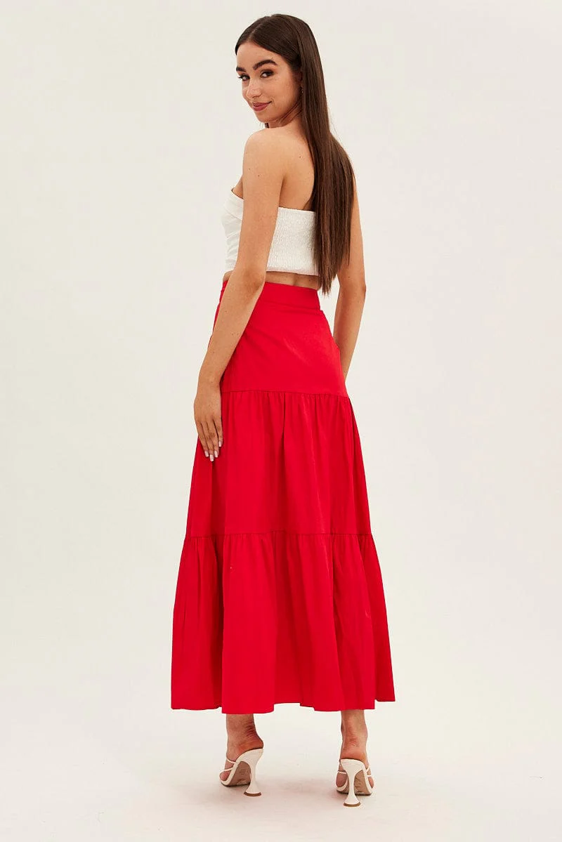 Red Maxi Skirt High Rise Tiered