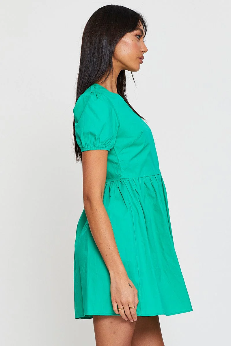 Green Mini Dress Short Sleeve Round Neck