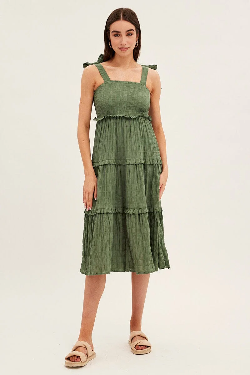 Green Midi Dress Sleeveless Shirred Texture Cotton