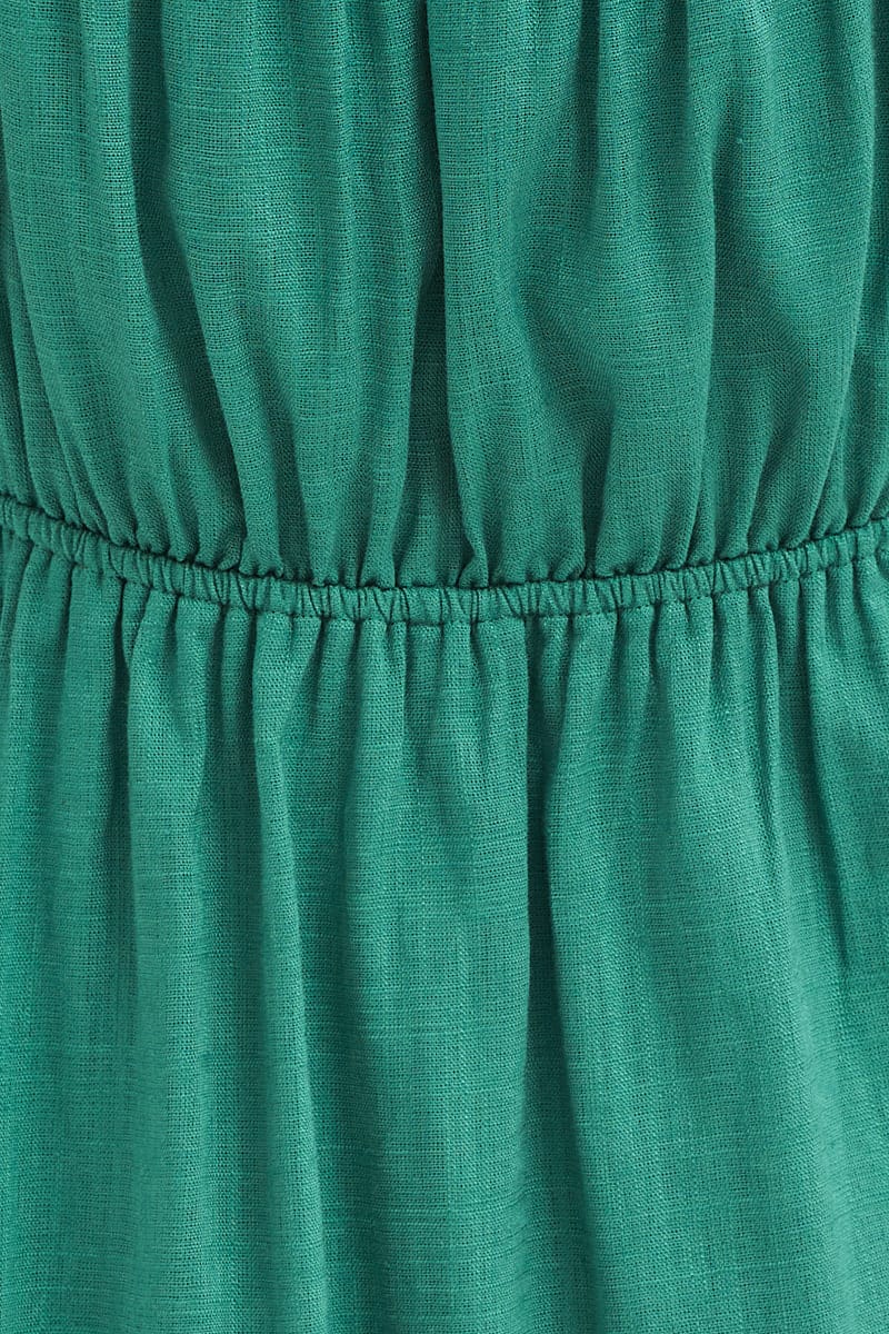 Green Gathered Bust Puff Sleeve Skater Dress
