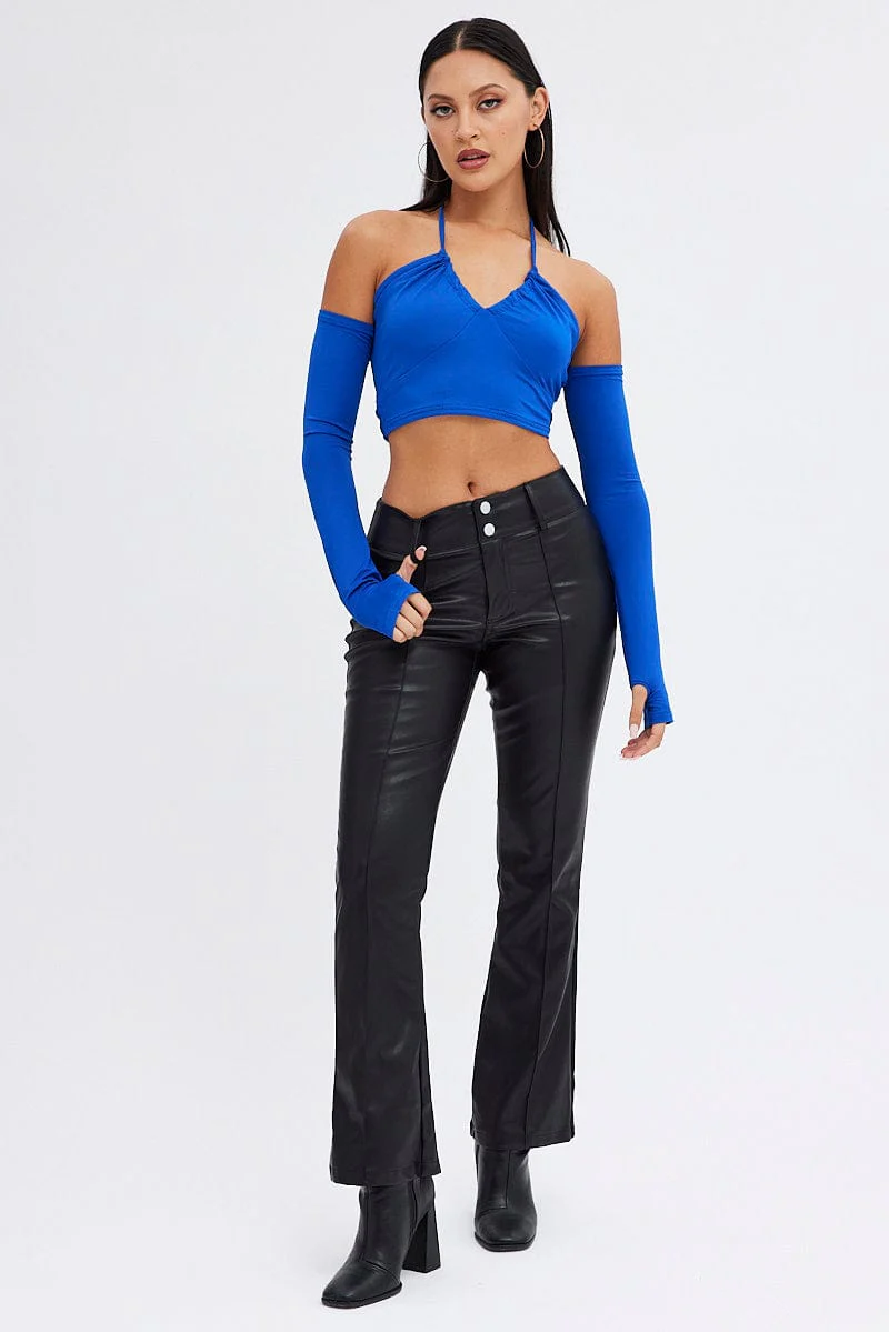 Blue Halter Top Long Sleeve Crop Top