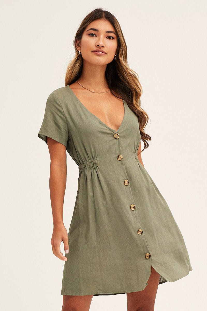 Green A Line Dress Button Front V Neck Short Sleeve