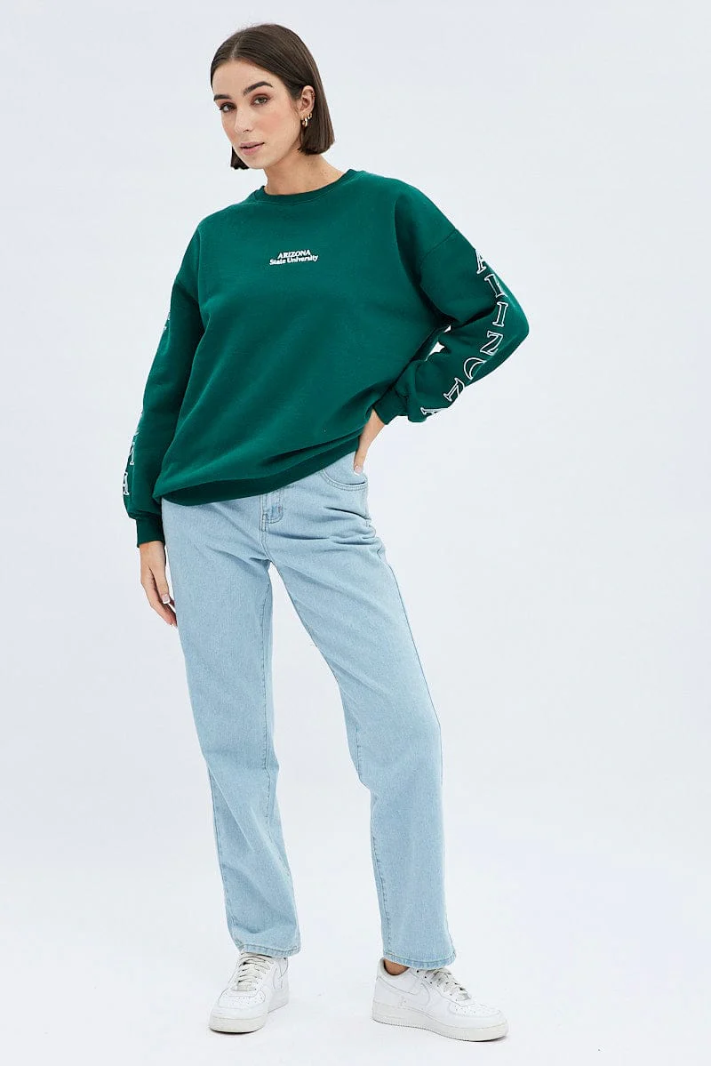 Green Graphic Sweater Long Sleeves