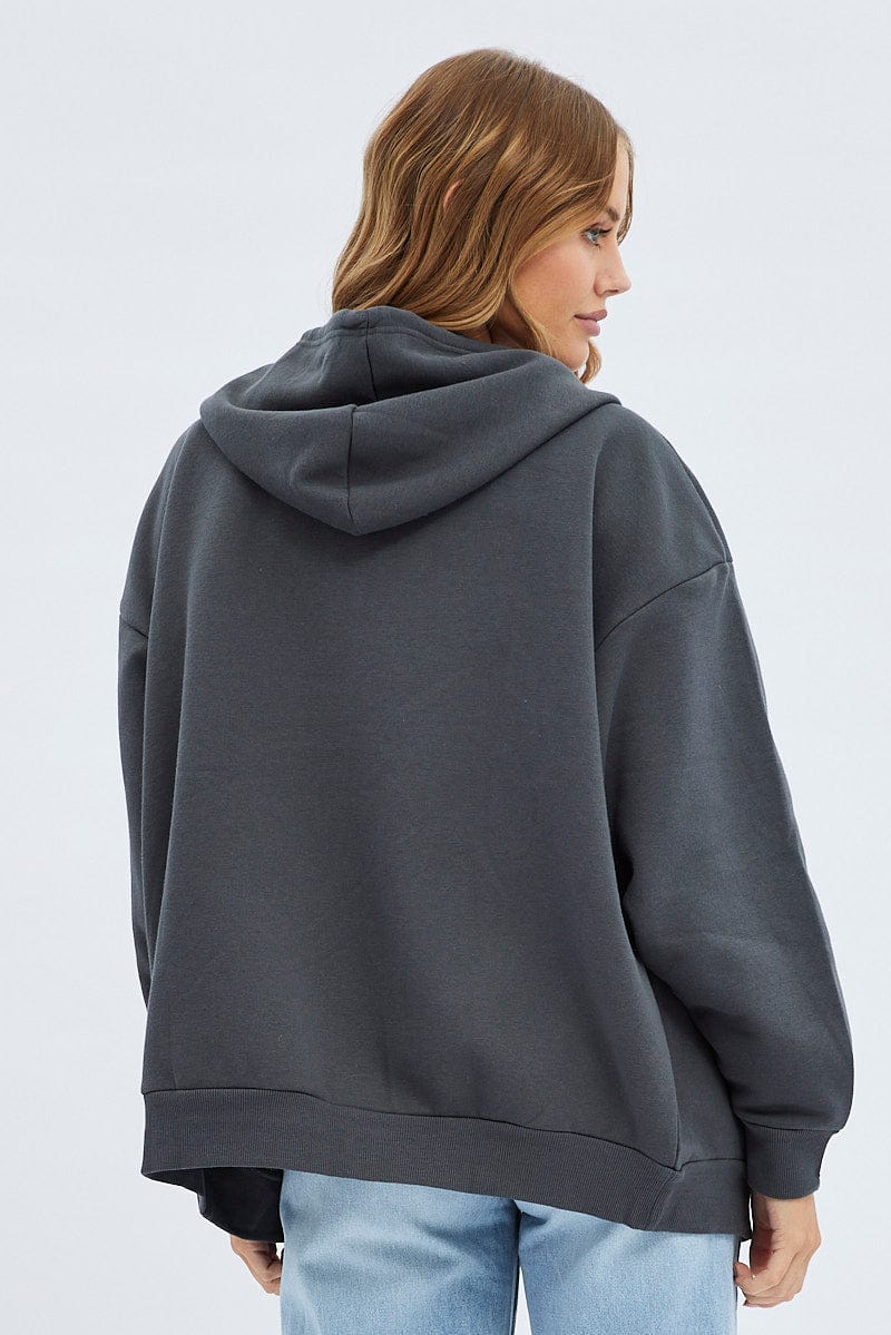 Grey Hoodie Zip Long Sleeve Embroidery