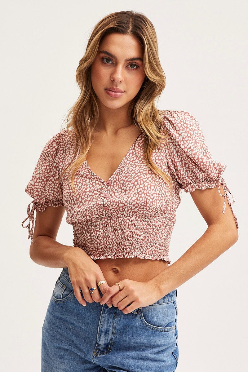 Geo Print Crop Top Short Sleeve Square Neck