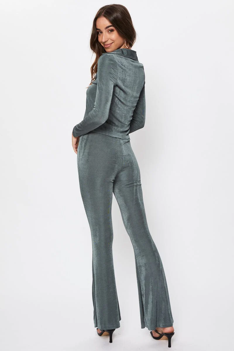 Green Highwaist Jersey Flare Hem Pants