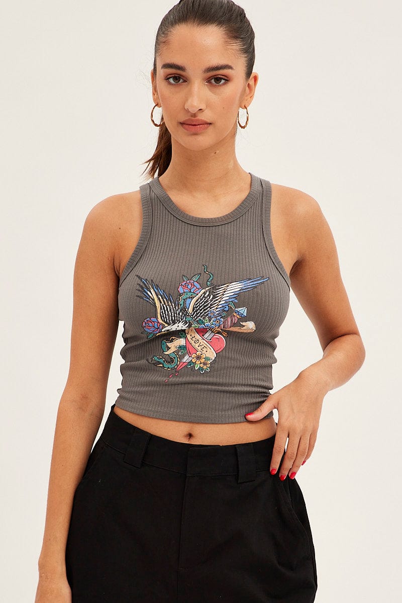 Grey Tank Sleeveless Crew Neck Rib Eagle Graphic