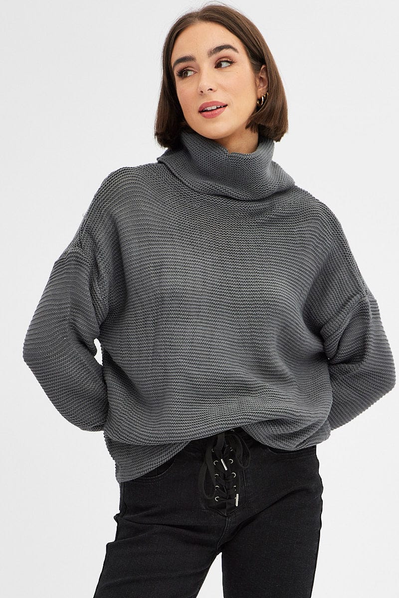 Grey Knit Top Long Sleeve Relaxed Turtleneck