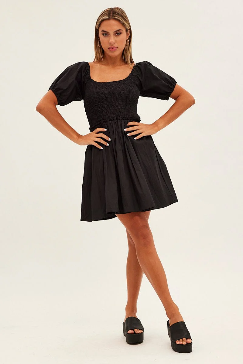 White Fit And Flare Dress Puff Sleeve Mini Poplin