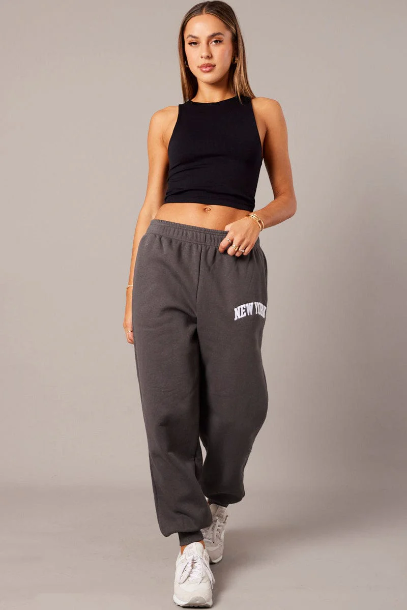 Grey Track Pants High Rise