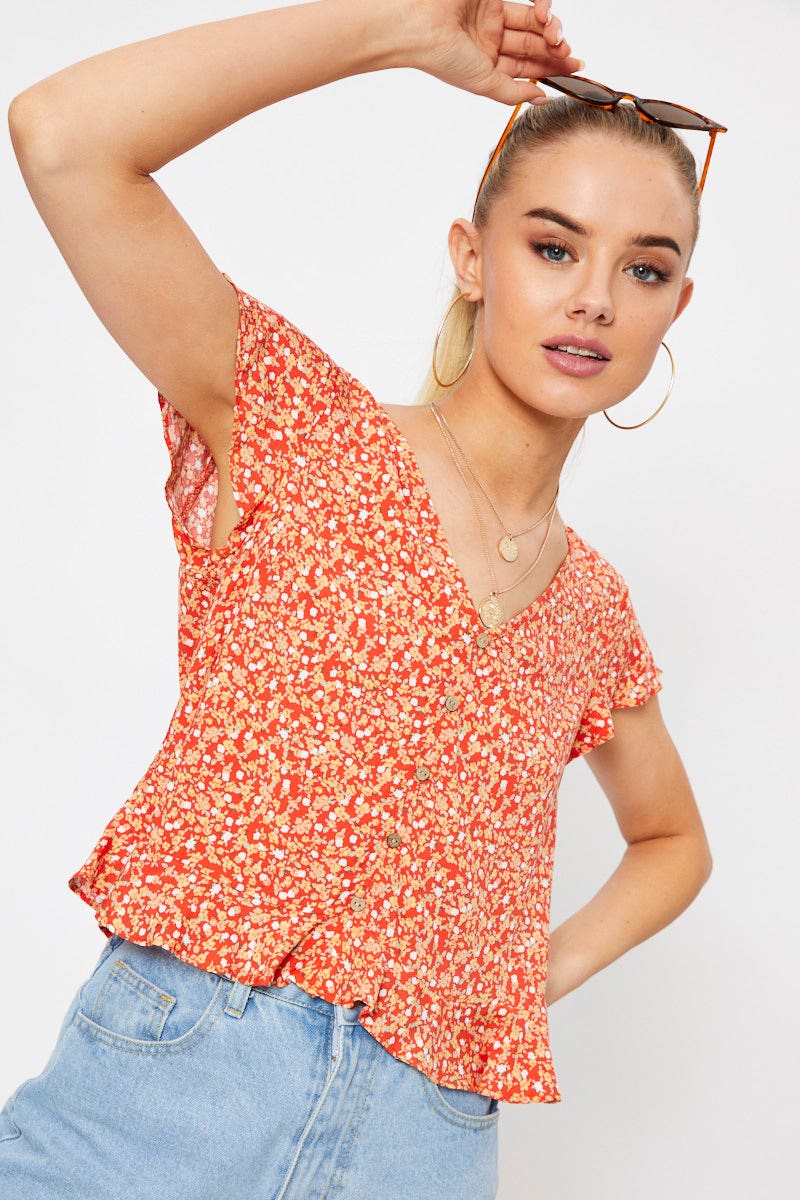 Print Button Down Ruffle Top