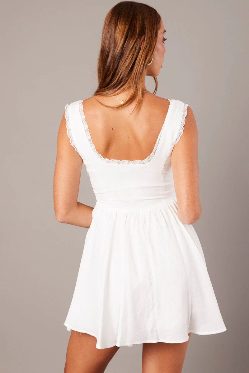 White Fit and Flare Dress Sleeveless Lace Trim