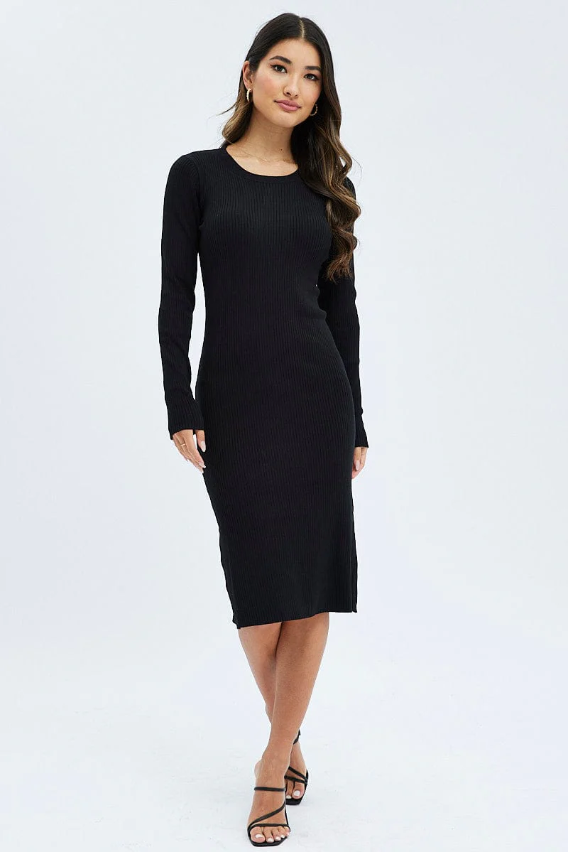 Black Knit Dress Long Sleeve Midi