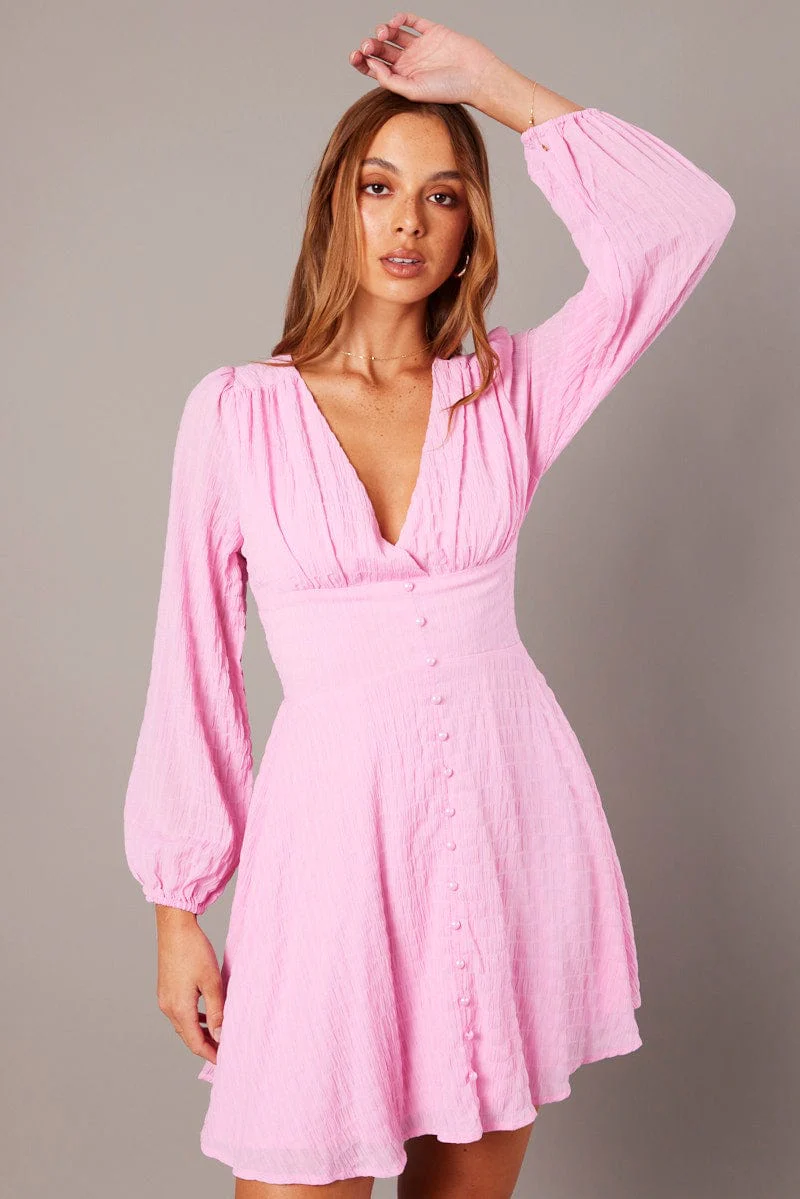 Pink Fit And Flare Dress Long Sleeve