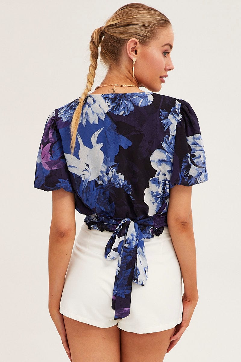 Floral Print Short Sleeve Floral Print V-Neck Crop Top