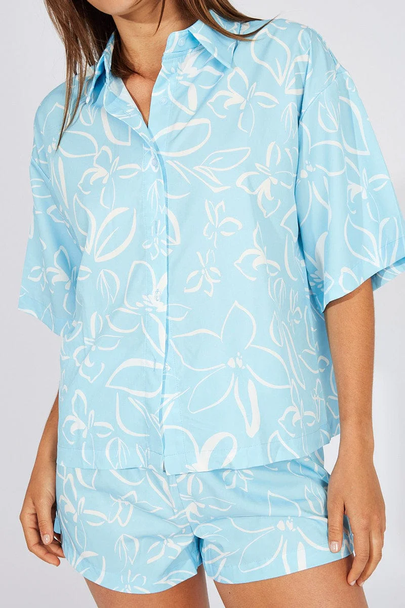 Blue Abstract Oversized Shirt and Pull on Shorts Set