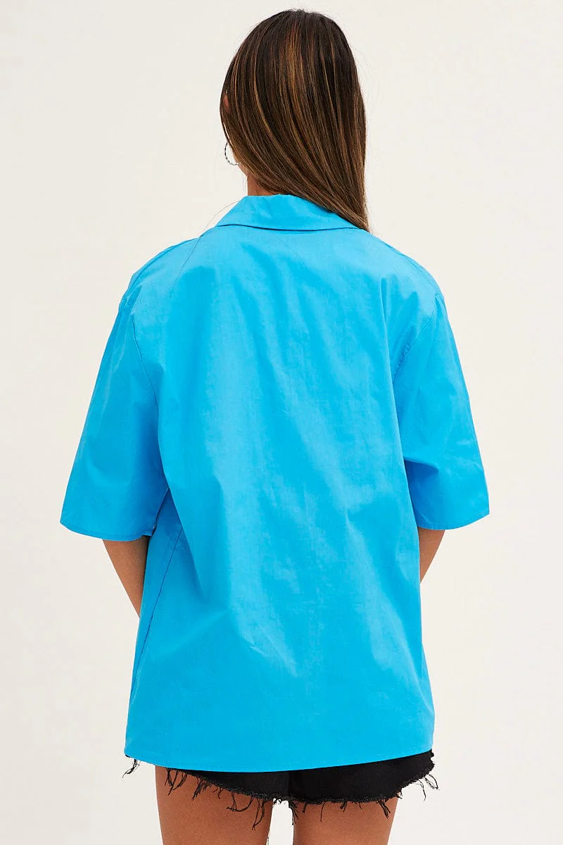Blue Relaxed Fit Shirt Short Sleeve Collared Longline